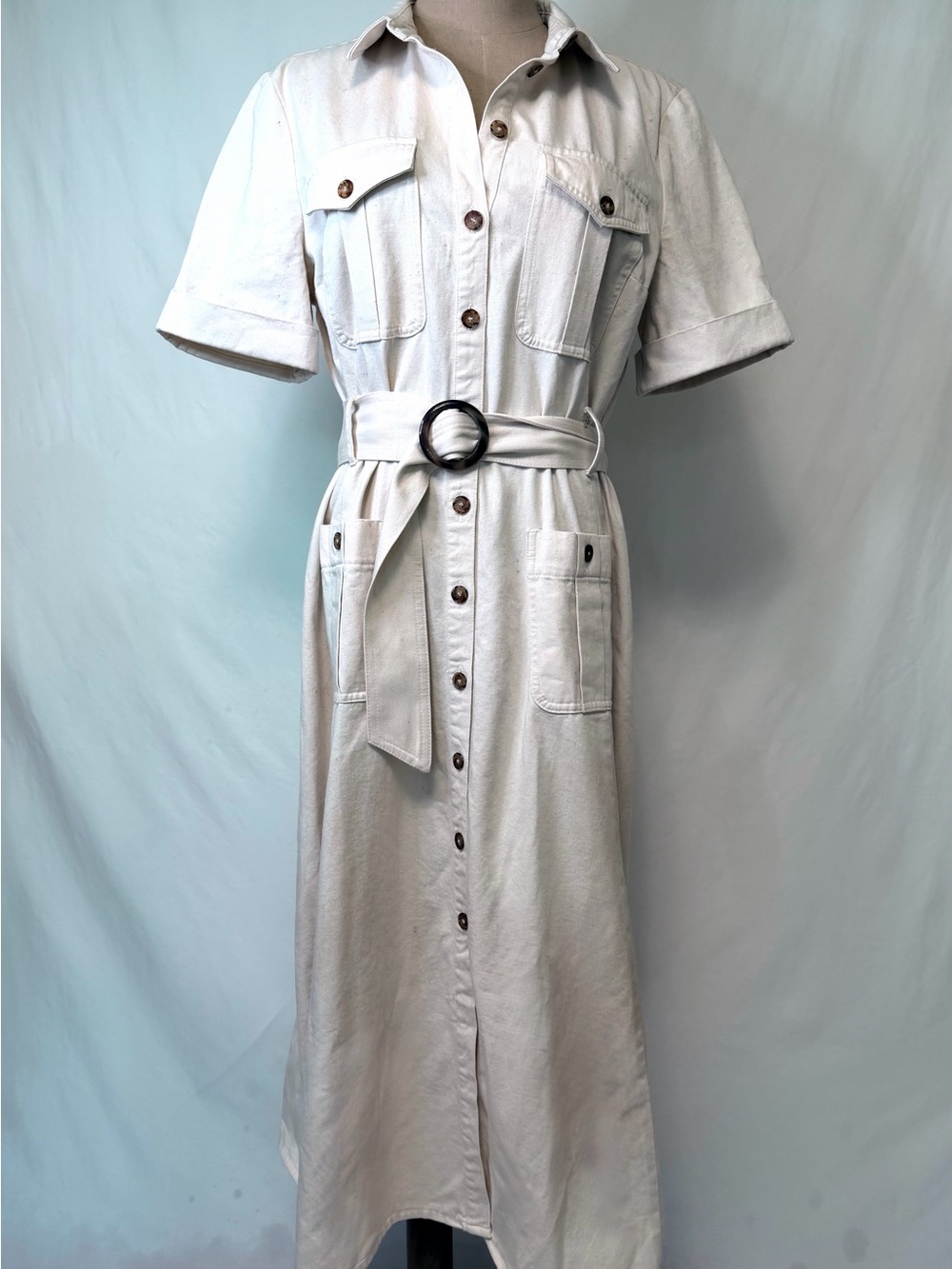 Sezane RAQUEL Cream Button-Front Midi Shirt Dress with Belt
